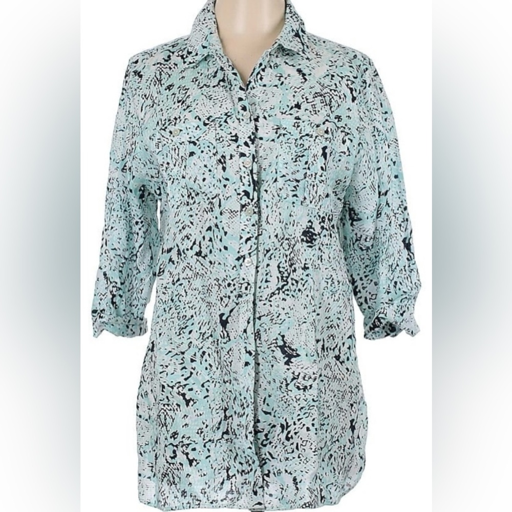 Chico's Black & Blue Linen Button Down Shirt(12) - Picture 1 of 3